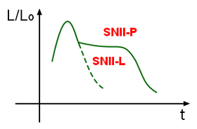 This graph of the luminosity as a function of time shows the characteristic shapes of the light curves for a Type II-L and II-P supernova.[clarification needed]