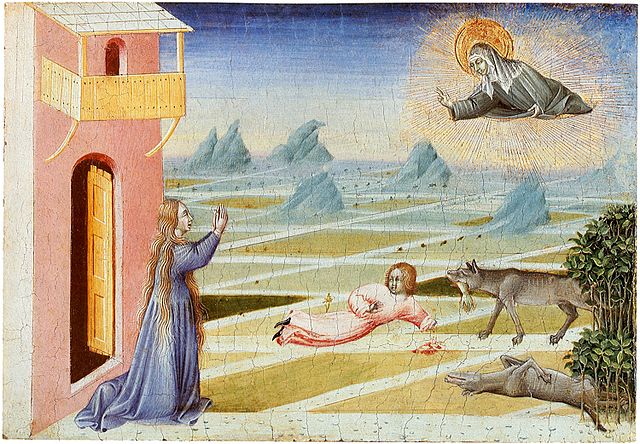 Saint Clare intervenes to save a child from a wolf; panel by Giovanni di Paolo, 1455.