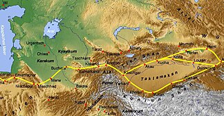 Central Asia with part of the Silk Road, in the center the Alai Mountains