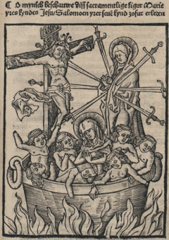 A 1517 German depiction of the crucified Jesus, the mother, and her seven sons in the boiling cauldron. Sent Salomoen martyr-08.png