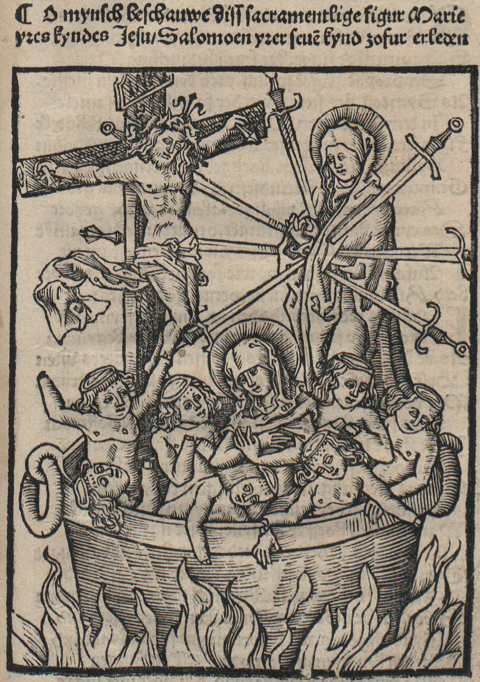 A 1517 German depiction of the crucified Jesus, the mother, and her seven sons in the boiling cauldron.