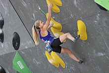 Coxsey climbing at the Boulder World Cup finals in August 2017 Shauna Coxsey GBR 2017-08-19 2220.jpg