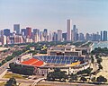 Soldier Field in 1988; behind the stadium is the Field Museum of Natural History.
