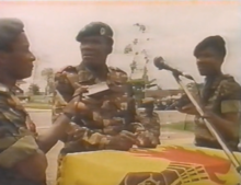 General Donatien Mahele Lieko Bokungu holds a speech in 1991 or 1993, imploring FAZ soldiers to stop rioting and looting. Speech of General Mahele, 1991-1993.png