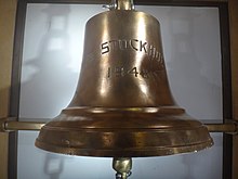 Damaged bell from the bow of Stockholm, salvaged from the wreck of Andrea Doria and currently displayed on board Astoria Stockholm bell.jpg