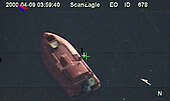 The 28-foot lifeboat where Captain Richard Phillips and the four Somali pirates were held up as seen from a U.S. Navy Scan Eagle UAV. Surveillance photo of Maersk Alabama lifeboat, hijacked by pirates 090409-N-0000X-926.jpg