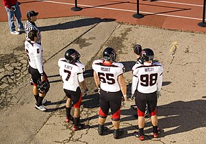 Players and referee on sidelines at Texas Tech vs. Kansas in 2008