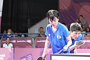 Deutsch: Tischtennis bei den Olympischen Jugendspielen 2018; Tag 9, 15. Oktober 2018; Mixed, Finale, Mixed-Doppel – Miu Hirano & Tomokazu Harimoto (JPN) gegen Sun Yingsha & Wang Chuqin (CHN) 1:3 English: Table tennis at the 2018 Summer Youth Olympics at 15 October 2018 – Mixed Final, Mixed-Double – Miu Hirano & Tomokazu Harimoto (JPN) Vs Sun Yingsha & Wang Chuqin (CHN) 1:3