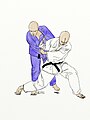 Illustration of the judo throw known as tai-otoshi or body-drop-throw where you turn in front of the opponent, and throw the opponent by blocking his shin with your lower leg.