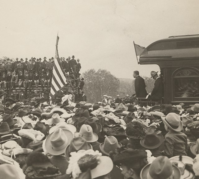Republican vice presidential nominee Theodore Roosevelt on a whistle-stop during the 1900 presidential election