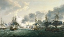 The picture is viewed from the south end of the King's Deep and shows the British fleet flying the blue ensign. In the right foreground the Russell and Bellona, are shown in port-quarter view, their sharply pitched position indicating that they have gone aground The Battle of Copenhagen, 2 April 1801 RMG BHC0528.tiff