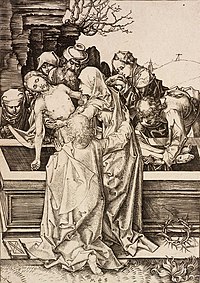 The Entombment, engraving by Martin Schongauer, c. 1480. Museum of Art, Rhode Island School of Design. The Entombment by Martin Schongauer.jpg