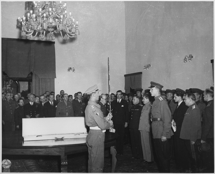 File:The Prime Minister in behalf of King George VI of Great Britain, presents The Sword of Stalingrad to Stalin, for the... - NARA - 195332.tif