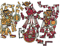 Ilustrasi pertarungan gladiator di atas temalacatl. Gambar dari Kodeks Zouche-Nuttall.