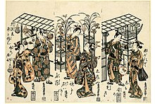 Japanese market scene by Torii Kiyohiro, around 1750. The trader on the right sells cages for crickets. Torii Kiyohiro - Three Street Vendors Selling Goods for Autumn.jpg