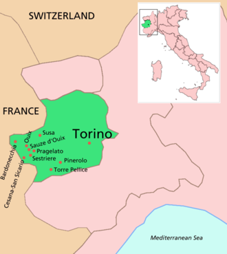 Location of Sestriere in the province of Turin. Torino location map winter olympics.PNG