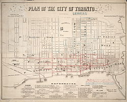 A map of Toronto in 1858, when the city was divided into seven wards Toronto in 1858.jpg