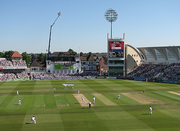 Sammy and Marlon Samuels batting against England at Trent Bridge in May 2012. During the 204-run partnership Sammy scored his maiden Test century. Trent Bridge, 2012 England v West Indies Test.jpg