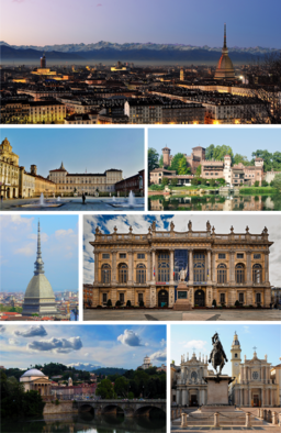 Medurs från toppen: Panorama över centrala Turin med Alperna, Borgo Medioevale, Palazzo Madama, Piazza San Carlo, Gran Madre och Monte dei Cappuccini vid floden Po, Mole Antonelliana, Kungliga palatset.