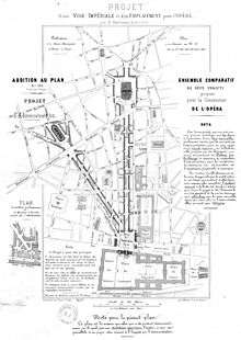 Two proposed sites for a new opera house, c. 1856, with alternative routes for a broad avenue leading from the Louvre to the new theatre (the future Avenue de l'Opera) Two projected site sites for the new Paris Opera by Barnout - Gallica 2014.jpg