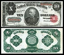 Obverse and reverse of an 1891 ten-dollar Treasury Note