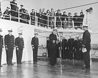 The commissioning ceremony for USCGC Castle Rock (WAVP-383) on 18 December 1948 at Mare Island Naval Shipyard, Vallejo, California. USCGC Castle Rock (WAVP-383) commissioning.jpg
