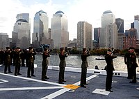 As seen from on board the United States Navy amphibious transport dock ship, the USS New York (LPD-21), in November 2009