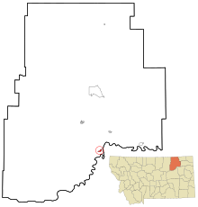 Valley County Montana Obszary włączone i nieposiadające osobowości prawnej Fort Peck Highlighted.svg