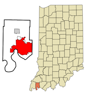 Vanderburgh County Indiana Incorporated and Unincorporated areas Evansville Highlighted.png