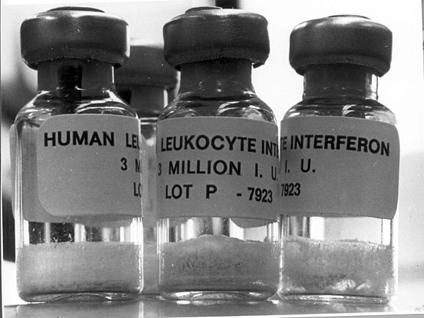 Three vials filled with human leukocyte interferon