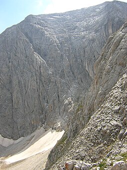 Vihren's 460 m north face seen from Golemiya Kazan, Pirin Mountain, Bulgaria Vihren North face.JPG