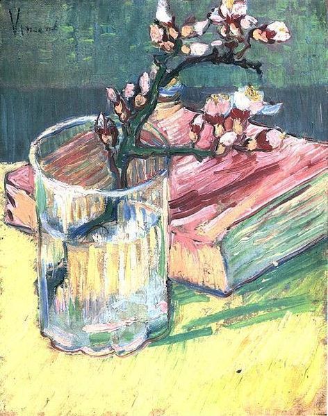 File:Vincent van Gogh - Blossoming Almond Branch in a Glass with a Book.jpg