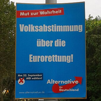 "Referendum on saving the euro!" Poster from the party Alternative for Germany (AfD) regarding Germany's financial contributions during the Eurozone crisis