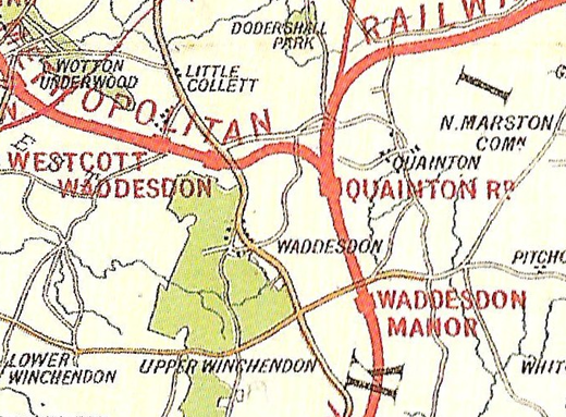 Railway stations and populated areas in the vicinity of Waddesdon, 1903. There was no settlement for which Waddesdon Road ("Waddesdon" on this map) was the most convenient station.