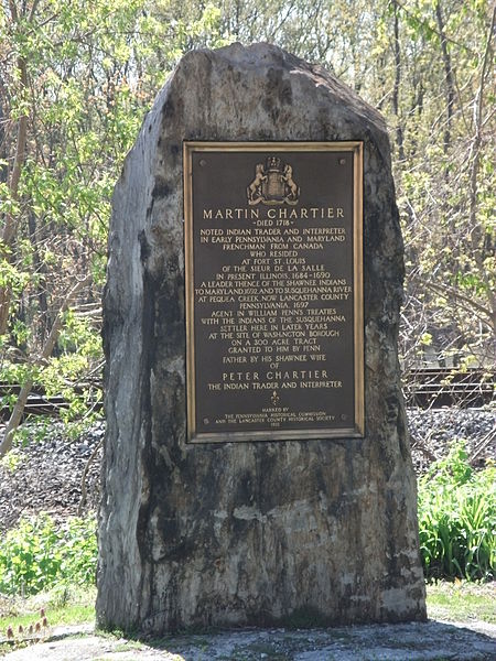 Historical marker, erected in 1925, in Washington Boro, Pennsylvania, commemorating the life of Martin Chartier