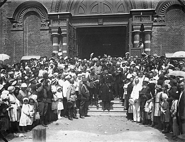 Pyotr Wrangel heads the victory parade at Alexander Nevsky Cathedral [ru], after the White capture of the city 30 June 1919.