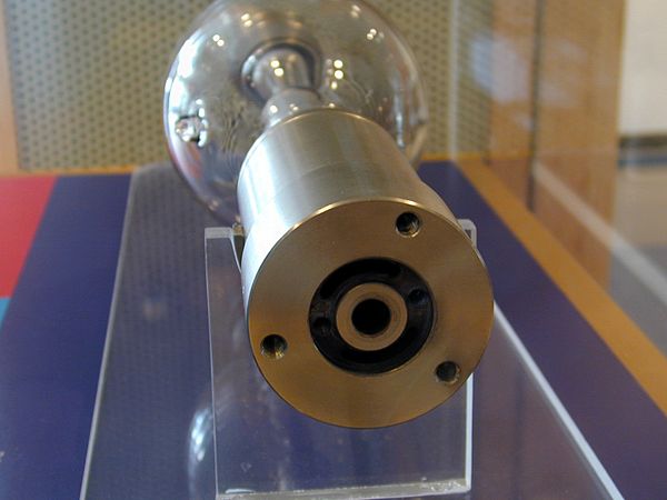 An end-view of a 15 kW IMAX lamp showing the liquid-cooling ports