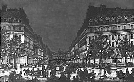 Demonstration of Yablochkov's arc lamp on the Avenue de l'Opera in Paris (1878), the first form of electric street lighting