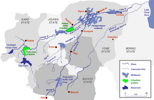 Catchment area of the Yobe River - Tiga dam to the west, south of Kano Yobe river catchment area.png