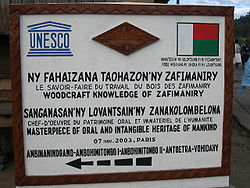 A plaque commemorating the achievements of the Zafimaniry for their skill with wood Zafimaniry-UNESCO.JPG
