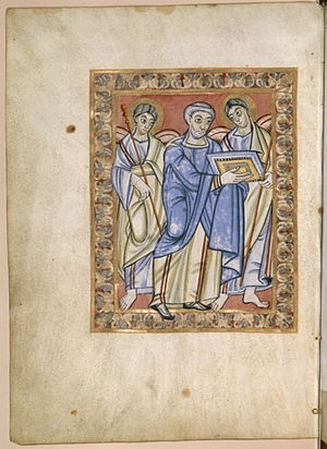 First full-page miniature, showing Berthold (folio 3, verso). Evangeliaire de Poussay - ecclesiastique - BNF Lat10514 f3v.jpg