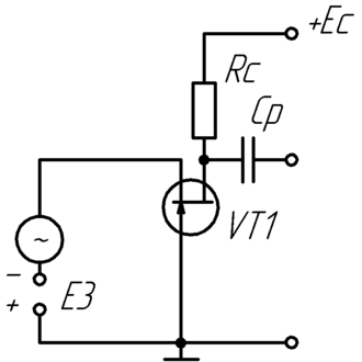 Схема підключення польового транзистора з керуючим pn-переходом із загальним затвором.