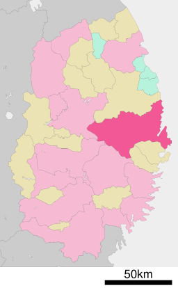 Miyakos läge i Iwate prefektur Städer:      Signifikanta städer      Övriga städer Landskommuner:      Köpingar      Byar