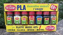 Testors' PLA decorative enamels 7 colors from the 1950s 1956 Testors PLA decorative enamels 7 colors box.jpg