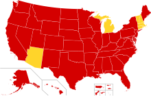 The results of the Republican primaries and caucuses. Red: states won by Bush / Yellow: states won by McCain 2000 Republican Primary Results.svg