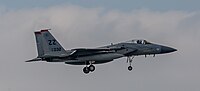 A US Air Force F-15C Eagle, tail number 81-0032, on final approach at Kadena Air Base in Okinawa, Japan.