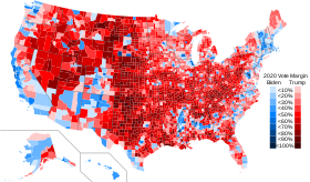 This map shows the vote in the 2020 presidential election by county. 2020 US presidential margins by county.svg
