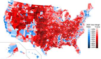 Results by state, shaded according to winning candidate's margin of victory.