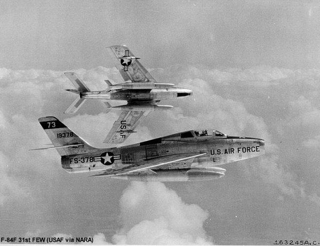 General Motors F-84F-25-GK Thunderstreaks of the 31st Fighter Escort Wing, about 1952. Serial 51-9378 identifiable