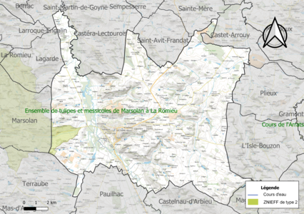 Carte de la ZNIEFF de type 2 sur la commune.